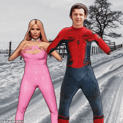 Spiderman Costume Man Next To Woman In Pink Latex Bodysuit GIF