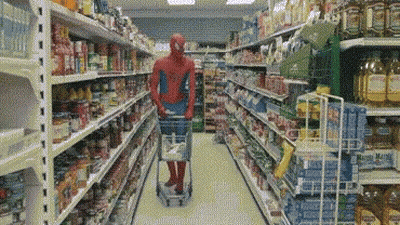 Spiderman Pushing Shopping Cart In Grocery Store GIF