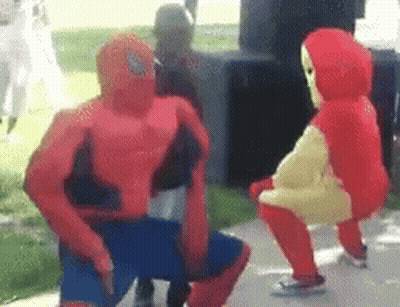 Spiderman Squatting Next To Iron Man GIF