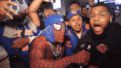 Spiderman Surrounded By New York Knicks Fans GIF