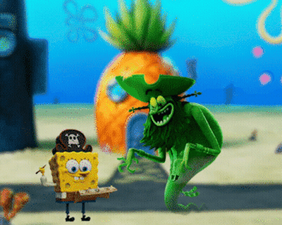 Spongebob And A Green Monster Are Standing In Front Of A Pineapple Under The Sea GIF