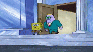 Spongebob And A Man In A Suit Are Standing In Front Of A Building GIF