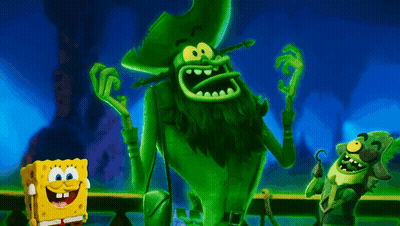 SpongeBob And Friends Standing Next To Green Pirate GIF
