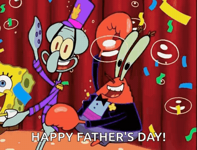 Spongebob And Krabby Krabs Are Celebrating Father 'S Day With A Red Curtain In The Background . GIF