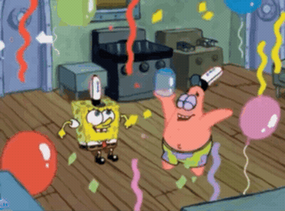 Spongebob And Patrick Are Dancing In A Room With Balloons And Confetti . GIF