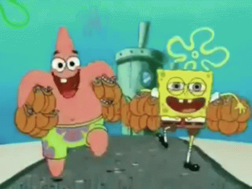 Spongebob And Patrick Are Flexing Their Muscles In A Cartoon . GIF
