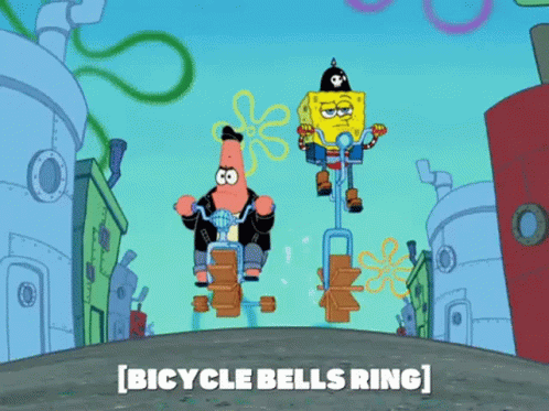 Spongebob And Patrick Are Riding Bicycle Bells Ring In A Cartoon GIF