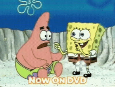 Spongebob And Patrick Are Sitting Next To Each Other With The Words Now On Dvd Below Them GIF