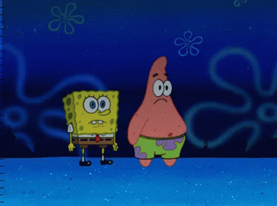 Spongebob And Patrick Are Standing Next To Each Other And Holding Hands GIF
