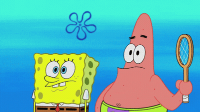 Spongebob And Patrick Are Standing Next To Each Other And Patrick Is Holding A Tennis Racket GIF
