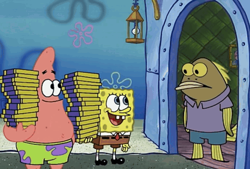 Spongebob And Patrick Are Standing Next To Each Other Holding Stacks Of Books GIF