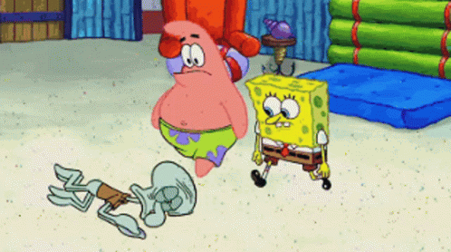 Spongebob And Patrick Are Standing Next To Each Other On A Sandy Beach GIF