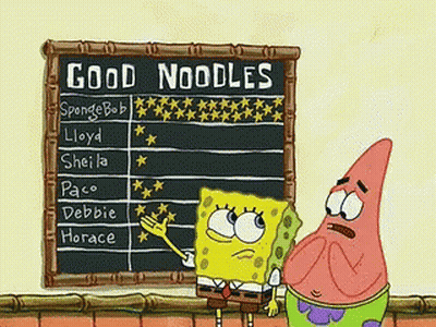 Spongebob And Patrick At Chalkboard Saying Good Noodles GIF