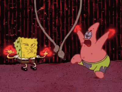 Spongebob And Patrick Fighting With Red Lights Behind Them GIF