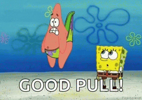 Spongebob And Patrick From Spongebob Squarepants Are Standing Next To Each Other On The Beach . GIF