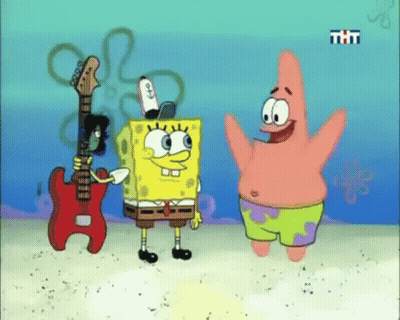 Spongebob And Patrick From Spongebob Squarepants Are Standing On The Beach GIF