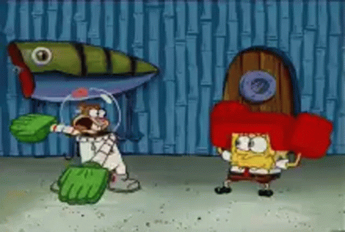 Spongebob And Sandy Cheeks Are Standing Next To Each Other In A Cartoon Scene . GIF