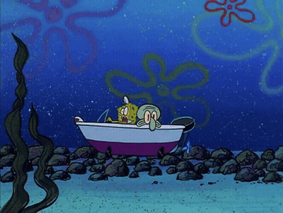 Spongebob And Squidward Are Sitting In A Boat In The Ocean GIF