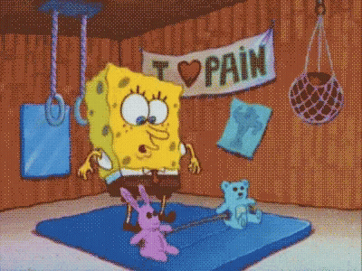 SpongeBob And Teddy Bear Holding I Love Pain Sign GIF