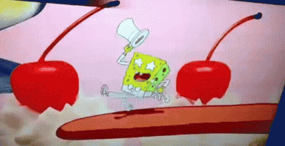 SpongeBob In Top Hat Surrounded By Cherries And Whipped Cream GIF