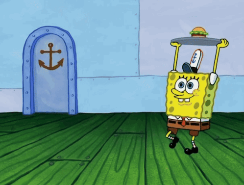 Spongebob Is Holding A Plate With A Hamburger On Top Of It GIF