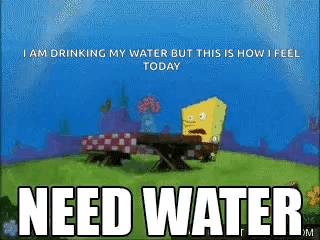 Spongebob Is Sitting At A Picnic Table With A Checkered Tablecloth And Says `` Need Water '' . GIF
