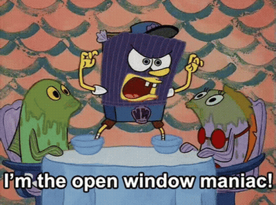 Spongebob Is Sitting At A Table With Two Fish And Says I 'M The Open Window Maniac . GIF
