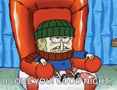 Spongebob Is Sitting In A Chair Wearing A Hat And Scarf And Saying `` I Love You Good Night '' . GIF