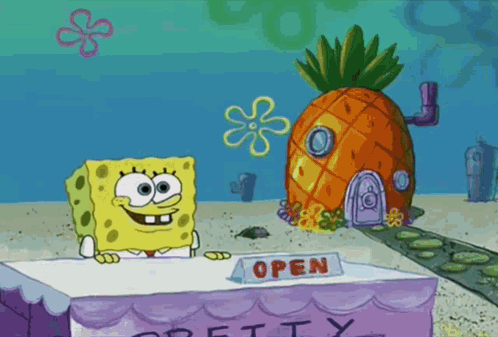 Spongebob Is Standing Behind A Table That Says Open GIF