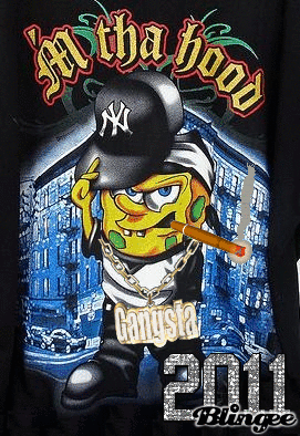 Spongebob Is Wearing A Ny Yankees Hat And Smoking A Cigar On A Black Shirt . GIF