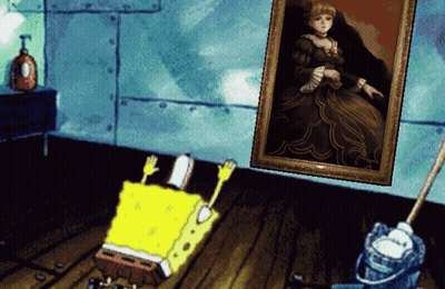 SpongeBob Laying On Floor In Front Of Framed Woman GIF