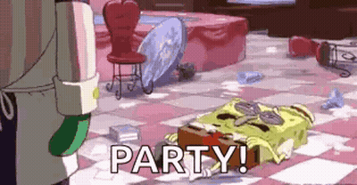 SpongeBob Laying On Floor In Messy Room Saying Party GIF