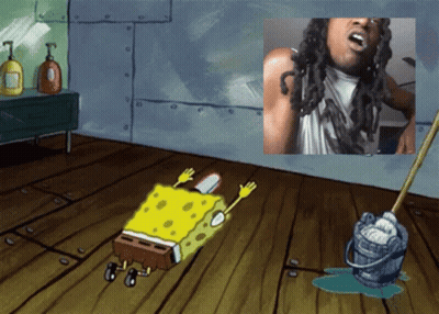 Spongebob Laying On The Floor Next To A Mop And A Picture Of A Man Singing GIF
