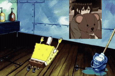 SpongeBob Lying On Floor With Teddy Bear And Mop GIF