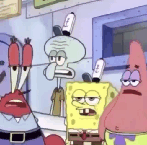 Spongebob , Patrick , And Squidward Are Standing Next To Each Other In A Cartoon . GIF
