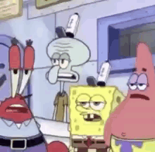 Spongebob , Patrick , And Squidward Are Standing Next To Each Other In A Room In A Cartoon . GIF