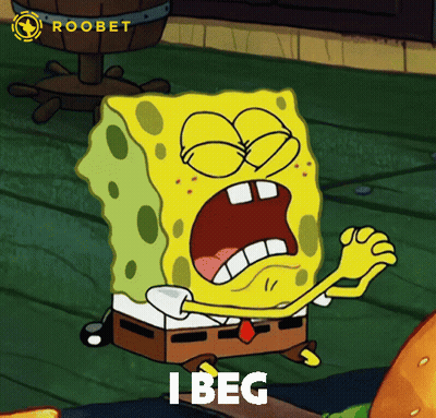 Spongebob Saying I Beg With Roobet Logo GIF