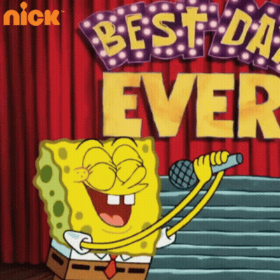 Spongebob Singing Into A Microphone In Front Of A Sign That Says " Best Day Ever " GIF