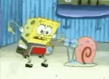 Spongebob Squarepants And Gary The Snail Are Dancing In A Room . GIF
