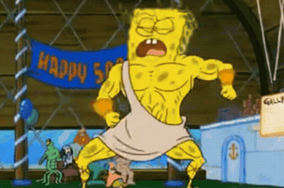 SpongeBob SquarePants Dressed As Gladiator In Front Of Happy 50Th Sign GIF