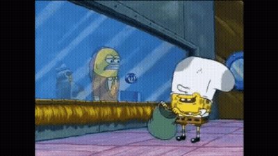 SpongeBob SquarePants In Chef Hat Holding Bag Looking Out Window GIF