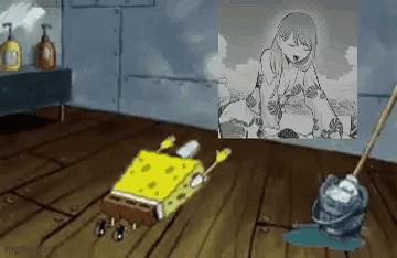 Spongebob Squarepants Is Cleaning The Floor With A Mop And A Picture Of A Girl In A Kimono . GIF