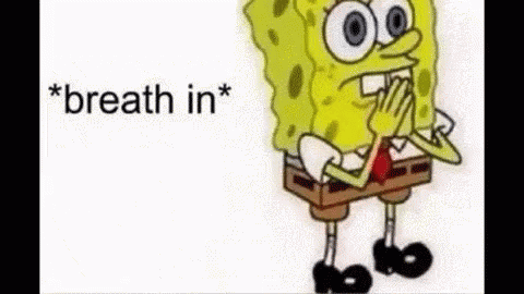 Spongebob Squarepants Is Covering His Mouth With His Hands While Standing In Front Of A White Background And The Words ` GIF