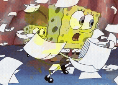 Spongebob Squarepants Is Holding A Piece Of Paper In His Hand While Standing Next To A Pile Of Papers . GIF