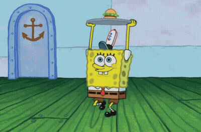 Spongebob Squarepants Is Holding A Tray With A Hamburger On It GIF