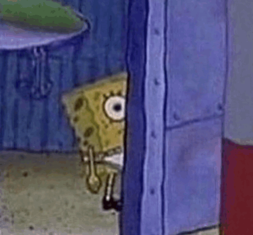 Spongebob Squarepants Is Peeking Out From Behind A Blue Door . GIF