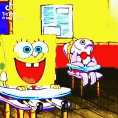 Spongebob Squarepants Is Sitting At A Desk In A Classroom With A Fish . GIF