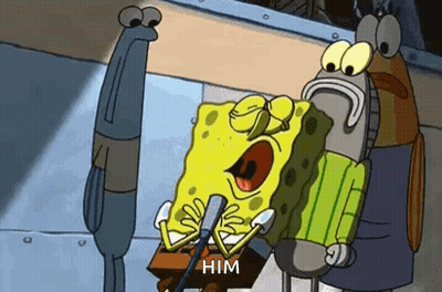 Spongebob Squarepants Is Sitting At A Podium Holding A Microphone And Talking To A Man . GIF