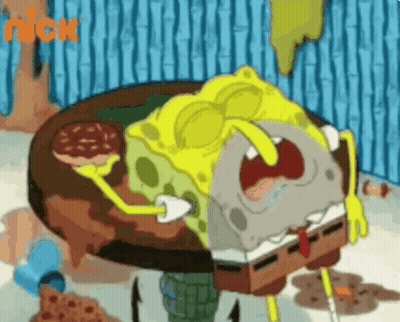 Spongebob Squarepants Is Sitting At A Table With A Pizza And A Bottle Of Water . GIF