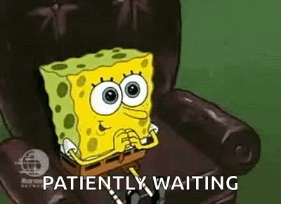 Spongebob Squarepants Is Sitting In A Chair With The Words `` Patiently Waiting '' Written Below Him . GIF